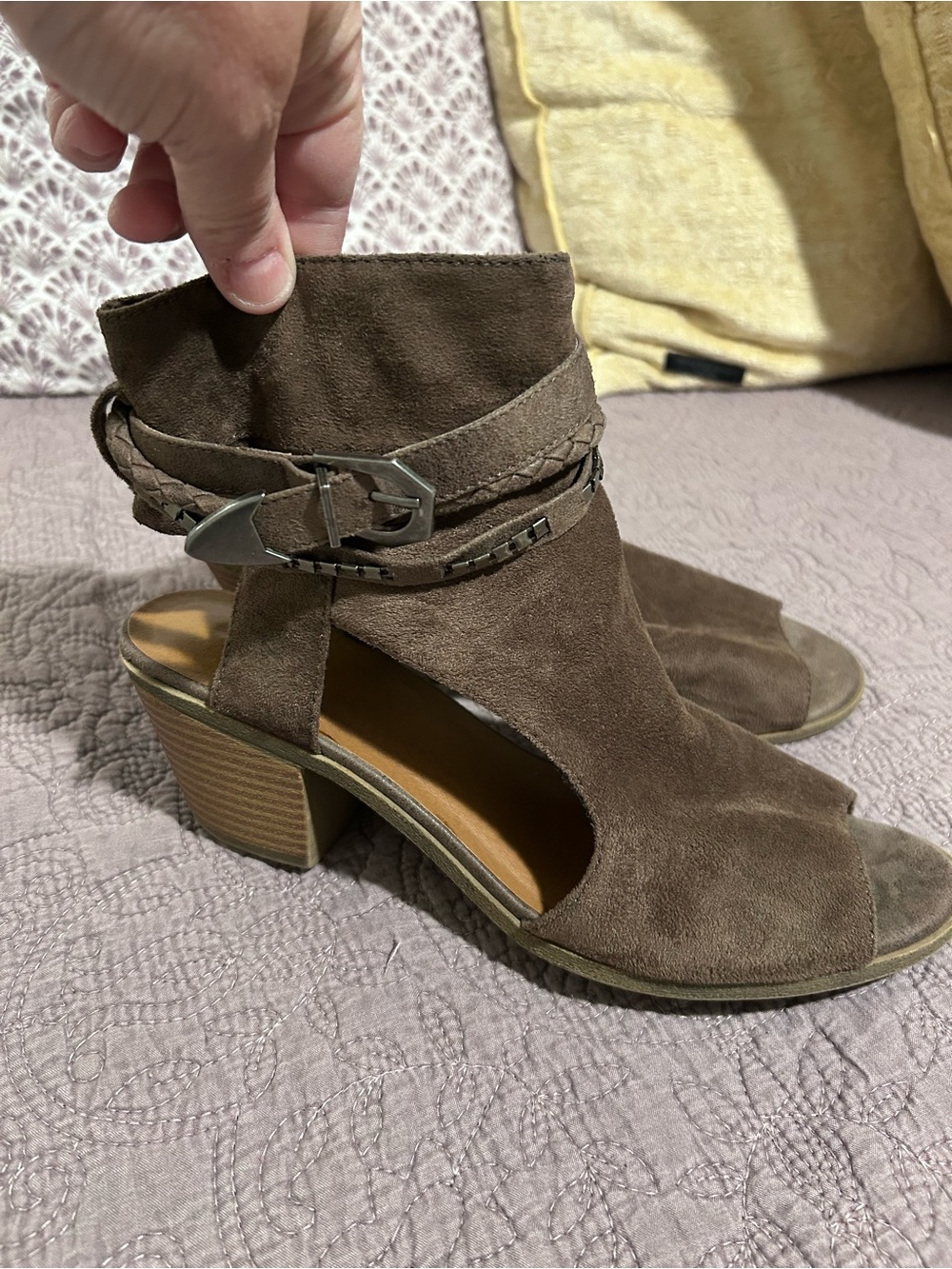 So cut out bootie heels taupe suede 9.5
